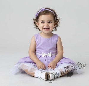 Комплект от 3 части- детска памучна рокля Надежда в лилаво с тюл, диадема за коса в синьо и чорапки в бяло с панделки