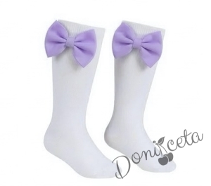Комплект от 3 части- детска памучна рокля Надежда в лилаво с тюл, диадема за коса в синьо и чорапки в бяло с панделки