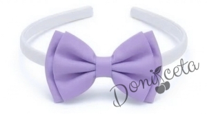 Комплект от 3 части- детска памучна рокля Надежда в лилаво с тюл, диадема за коса в синьо и чорапки в бяло с панделки