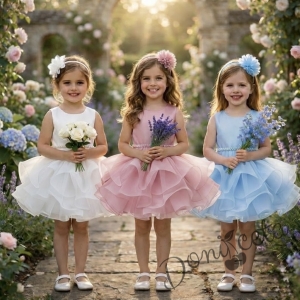 Официална детска рокля Бела къс ръкав и богат тюл в пепел от рози с диадема