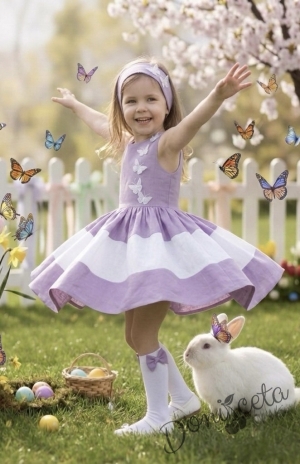 Комплект от детска рокля в лилаво и бяло с 3D пеперуди Далента с диадема и чорапки