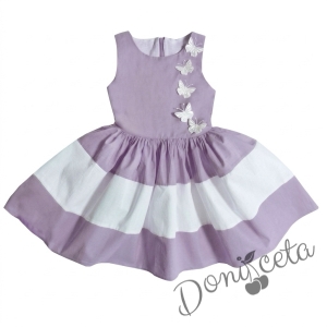 Комплект от детска рокля в лилаво и бяло с 3D пеперуди Далента с диадема и чорапки
