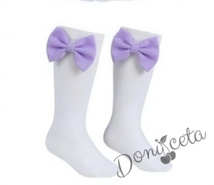 Комплект от детска рокля в лилаво и бяло с 3D пеперуди Далента с диадема и чорапки