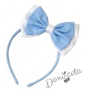 Комплект от детска рокля в светлосиньо и бяло с 3D пеперуди Далента с диадема и чорапки