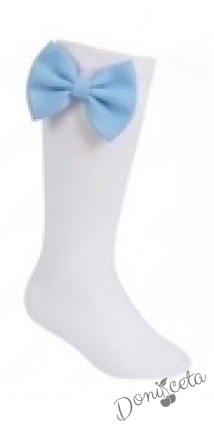 Комплект от детска рокля в светлосиньо и бяло с 3D пеперуди Далента с диадема и чорапки