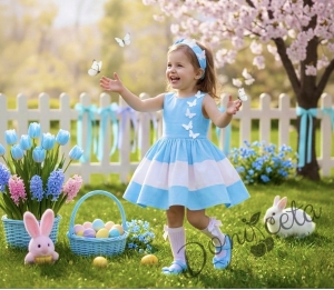 Комплект от детска рокля в светлосиньо и бяло с 3D пеперуди Далента с диадема и чорапки