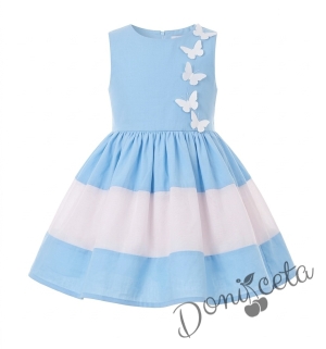 Комплект от детска рокля в светлосиньо и бяло с 3D пеперуди Далента с диадема и чорапки