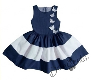 Комплект от детска рокля в тъмносиньо и бяло с 3D пеперуди Далента с диадема и чорапки