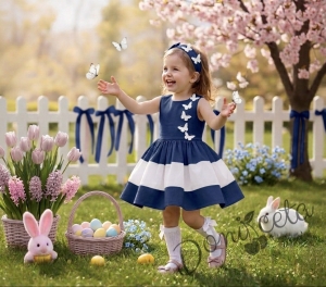 Комплект от детска рокля в тъмносиньо и бяло с 3D пеперуди Далента с диадема и чорапки