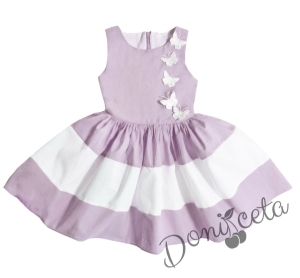 Комплект от детска рокля в пепел от рози и бяло с 3D пеперуди Далента с диадема и чорапки