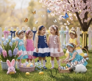 Комплект от детска рокля в пепел от рози и бяло с 3D пеперуди Далента с диадема и чорапки