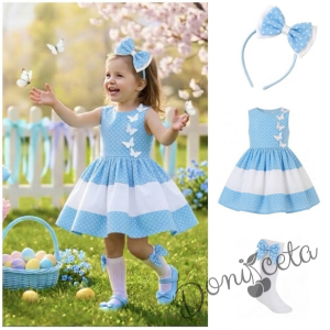 Комплект от детска рокля в светлосиньо на бели точки с 3D пеперуди Далента с диадема и чорапки
