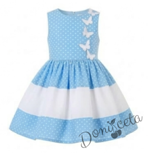 Комплект от детска рокля в светлосиньо на бели точки с 3D пеперуди Далента с диадема и чорапки