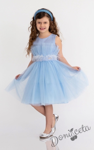 Детска рокля с богат тюл и пера в светлосиньо Анелия 