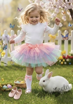 Комплект от 2 части-детска туту пола пачка в нежни цветове и блузка с дълъг ръкав в бяло с къдрички на рамената и бието с розов кант