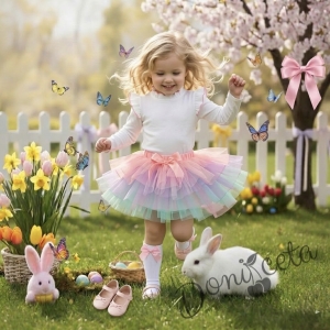 Комплект от 2 части-детска туту пола пачка в нежни цветове и блузка с дълъг ръкав в бяло с къдрички на рамената и бието с розов кант