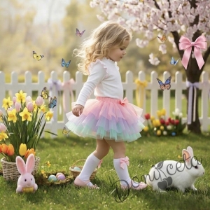 Комплект от 2 части-детска туту пола пачка в нежни цветове и блузка с дълъг ръкав в бяло с къдрички на рамената и бието с розов кант