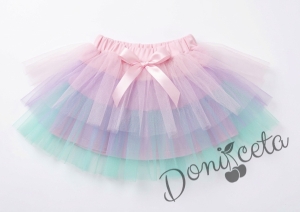 Комплект от 2 части-детска туту пола пачка в нежни цветове и блузка с дълъг ръкав в бяло с къдрички на рамената и бието с розов кант