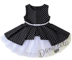 Комплект от 3 части- детска памучна рокля Надежда в черно на бели точки с тюл в бяло, диадема за коса на точки и чорапки в бяло с панделки