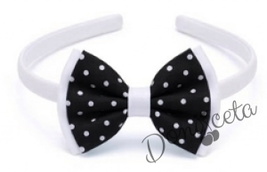 Комплект от 3 части- детска памучна рокля Надежда в черно на бели точки с тюл в бяло, диадема за коса на точки и чорапки в бяло с панделки