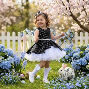 Детска официална рокля Надежда в черно на точки тип клош с тюл в бяло