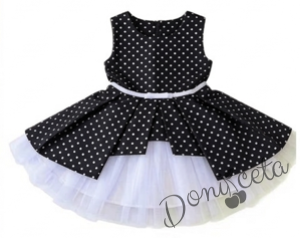 Детска официална рокля Надежда в черно на точки тип клош с тюл в бяло