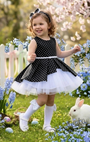 Детска официална рокля Надежда в черно на точки тип клош с тюл в бяло