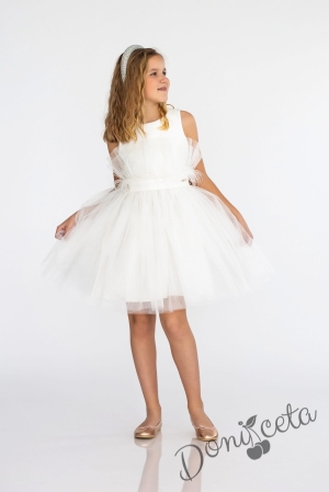 Официална бебешка рокля без ръкав с тюл, перца и панделка Анелия