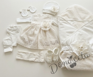 Комплект за изписване от 7 части за момиче в бяло с дантела и цвете