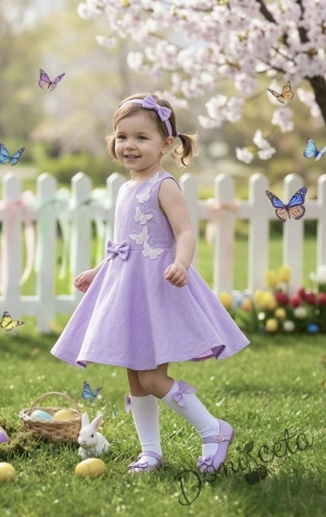 Официална или ежедневна детска рокля клош в лилаво Вилина с бели 3D пеперудки