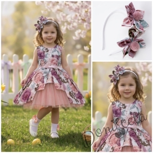 Детска рокля Надежда в пепел от рози с тюл и диадема за коса с цветя