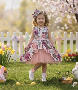 Детска рокля Надежда в пепел от рози с тюл и диадема за коса с цветя