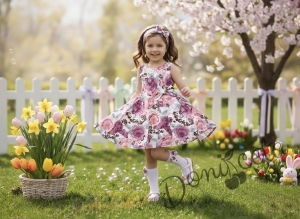 Комплект от детска рокля клош в пепел от рози цветя тип клош Вилина с диадема с цветя