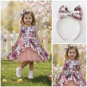 Детска рокля Надежда в пепел от рози с тюл и диадема за коса като панделка