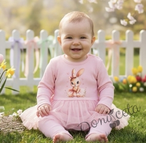 Бебешки комплект рипс от 2 части- боди-рокля в розово с тюл и картинка зайче и панталонки 