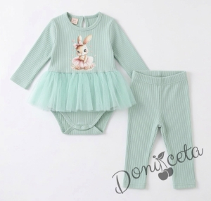 Бебешки рипсен комплект от 2 части- боди в тюркоаз с тюл и картинка зайче и панталонки в тюркоаз