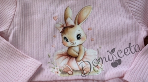 Бебешки рипсен комплект от 2 части- боди в розово с тюл и картинка зайче и панталонки 