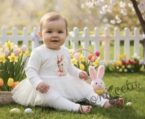 Бебешки комплект  рипс от 2 части- боди в екрю с тюл и картинка зайче и панталонки в екрю