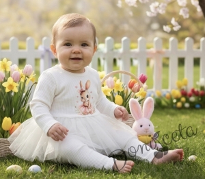 Бебешки рипсен комплект от 2 части- боди в екрю с тюл и картинка зайче и панталонки в екрю