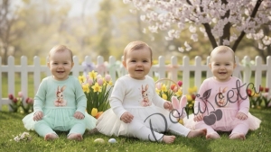 Бебешки рипсен комплект от 2 части- боди в екрю с тюл и картинка зайче и панталонки в екрю