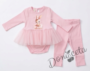 Бебешки комплект от две части от боди-рокля с дълъг ръкав и рипсен клин в нежно розово 