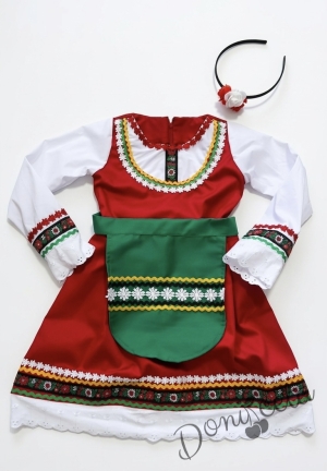 Комплект от дамска или детска народна носия 69-сукман в червено и престилка в зелено с фолклорни етно мотиви с диадема