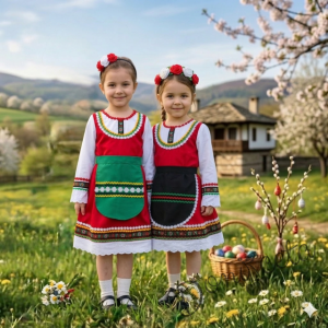 Дамска или детска народна носия 24-сукман и престилка в зелено с фолклорни/етно мотиви 