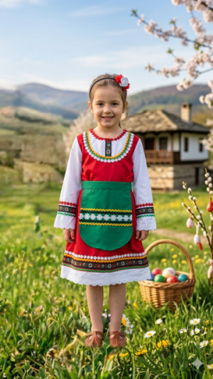 Дамска или детска народна носия 24-сукман и престилка в зелено с фолклорни/етно мотиви 