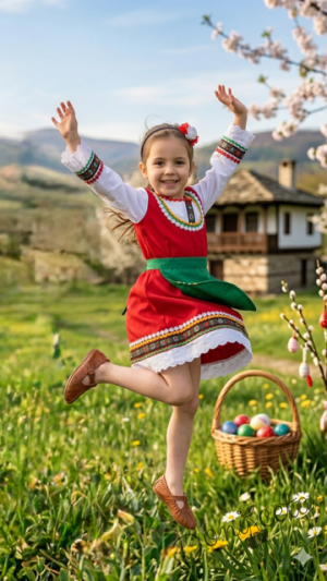 Комплект от дамска или детска народна носия 69-сукман в червено и престилка в зелено с фолклорни етно мотиви с диадема