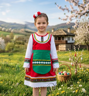 Комплект от дамска или детска народна носия 69-сукман в червено и престилка в зелено с фолклорни етно мотиви с диадема