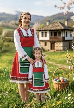 Детска или дамска народна носия 45-сукман в червено и престилка в зелено с фолклорни етно мотиви 