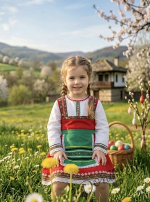 Детска или дамска народна носия 45-сукман в червено и престилка в зелено с фолклорни етно мотиви 