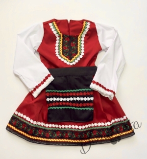 Дамска или детска народна носия сукман 97 в червено с престилка с фолклорни/етно мотиви на цветчета