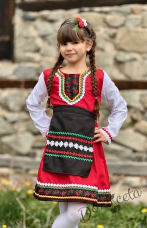 Дамска или детска народна носия сукман 97 в червено с престилка с фолклорни/етно мотиви на цветчета